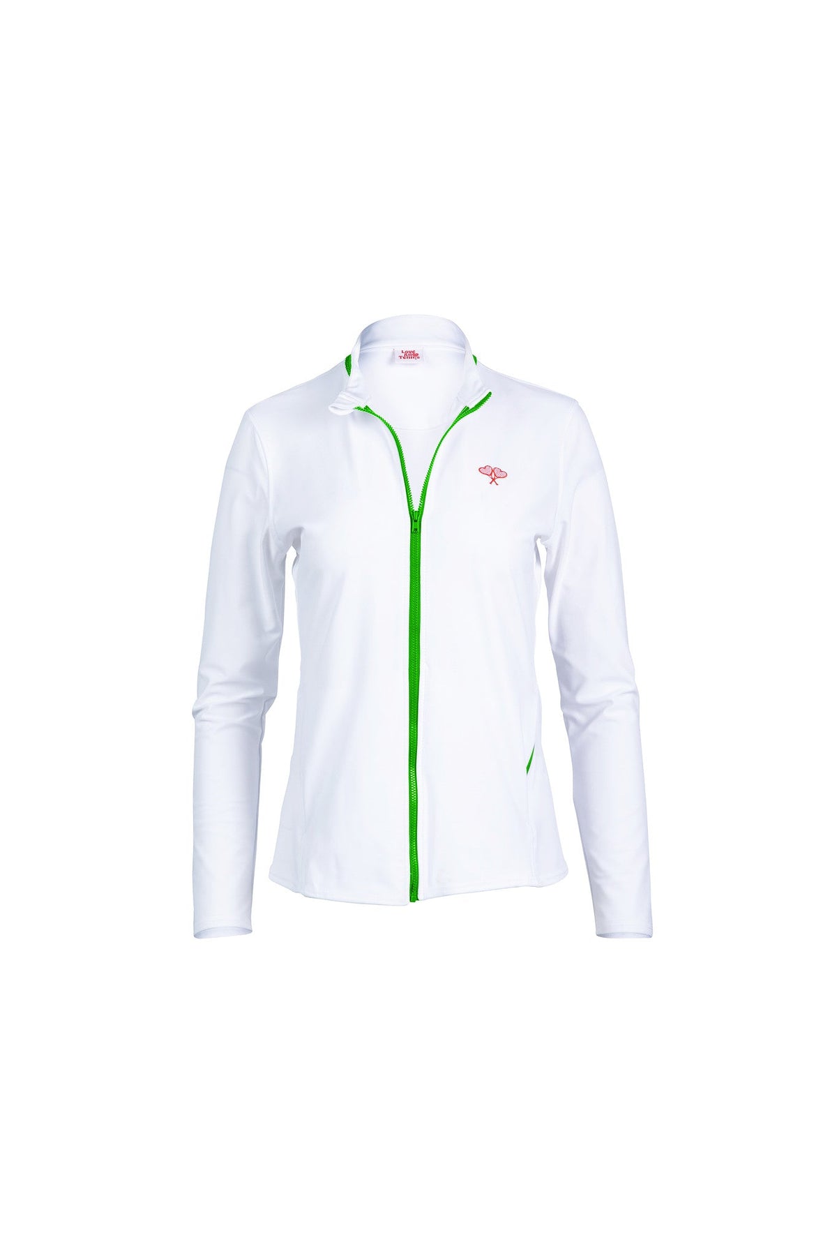 White jacket with green zipper on a white background