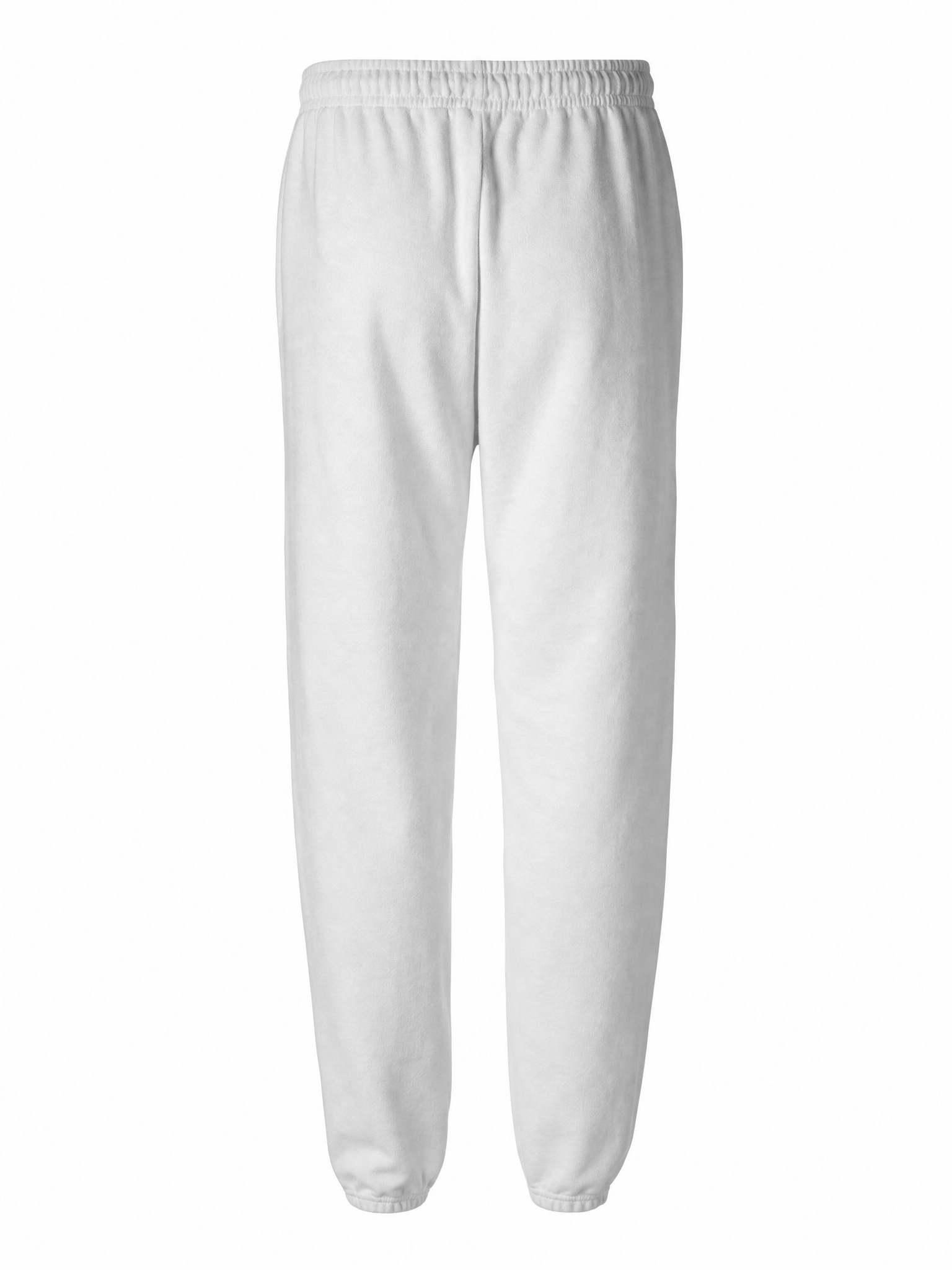 White sweatpants with an elastic waistband and tapered legs, shown against a plain white background.