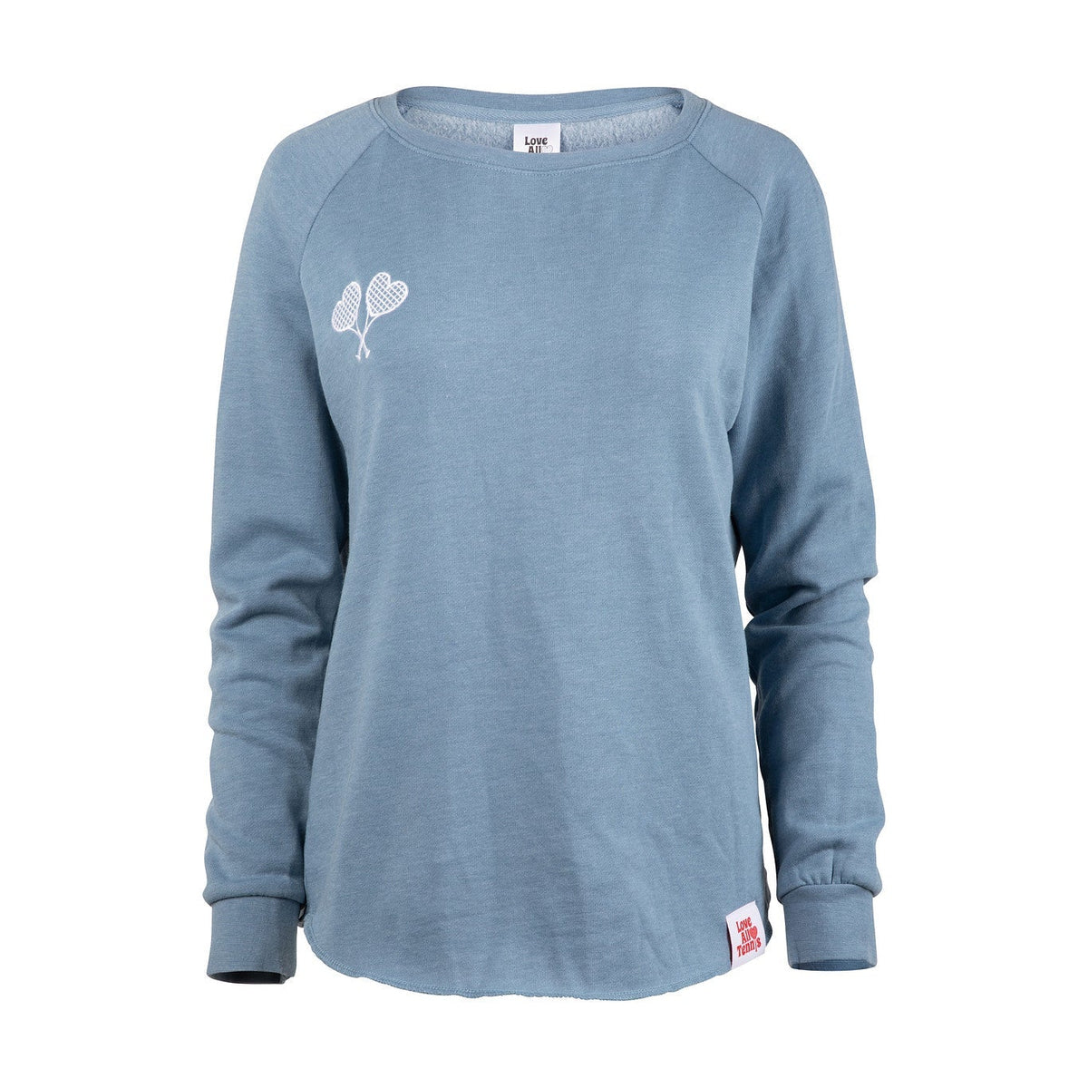 Blue long-sleeve shirt with a logo on a white background