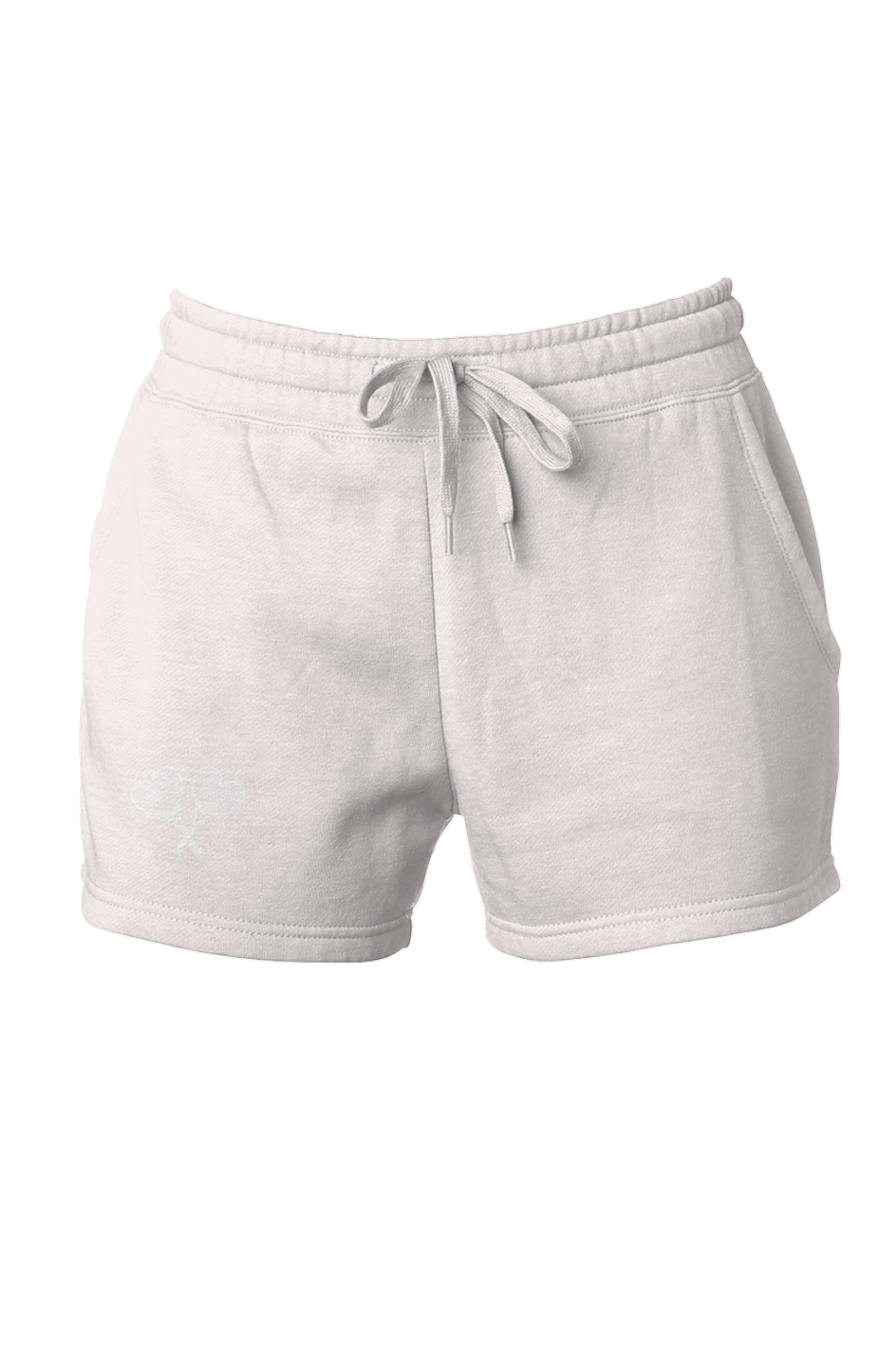 Light gray sweat shorts with a drawstring on a white background