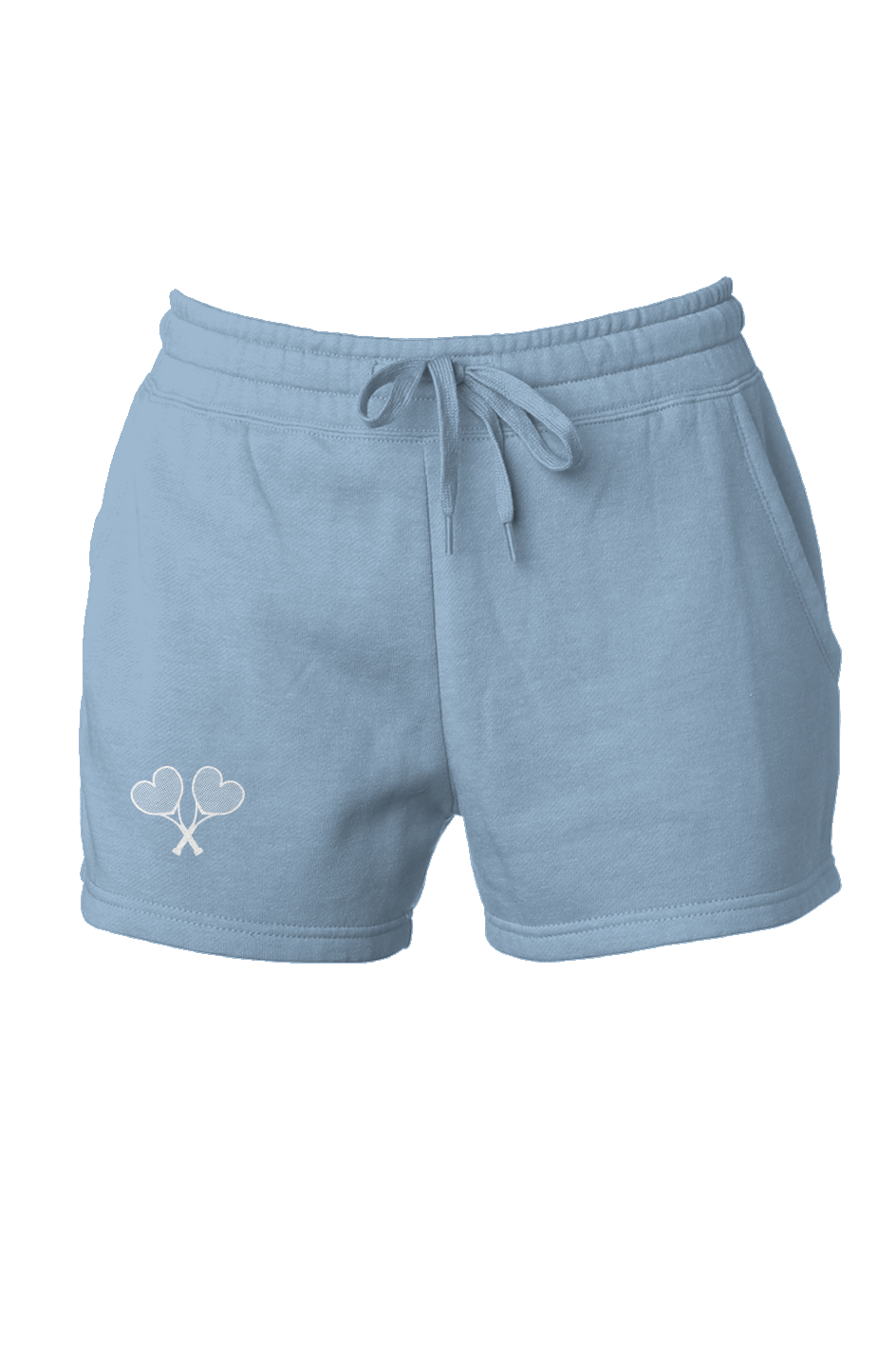 Light blue shorts with a logo on a white background