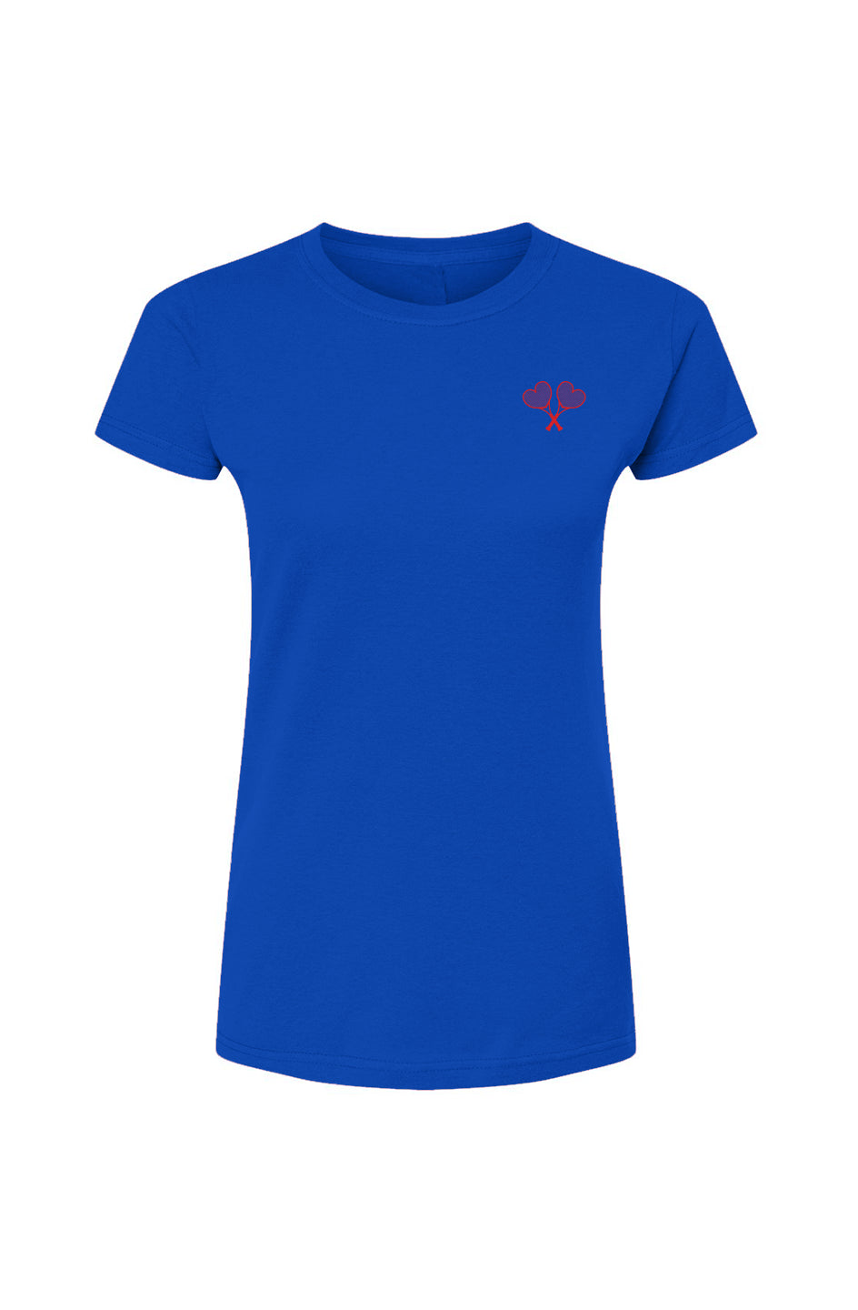 Royal blue t-shirt with a small red logo on the chest set against a white background