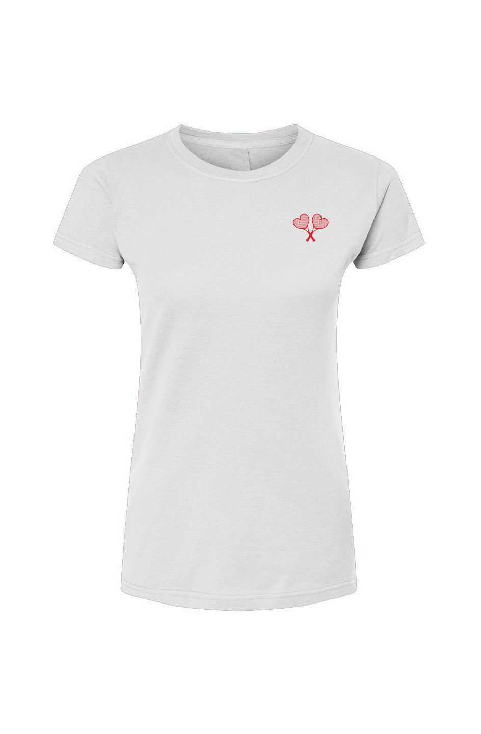 White t-shirt with crossed heart tennis racket logo on the chest set against a white background