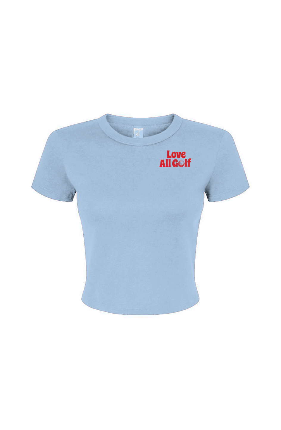 Baby blue t-shirt with "Love All Golf" on the chest in red text set against a white background