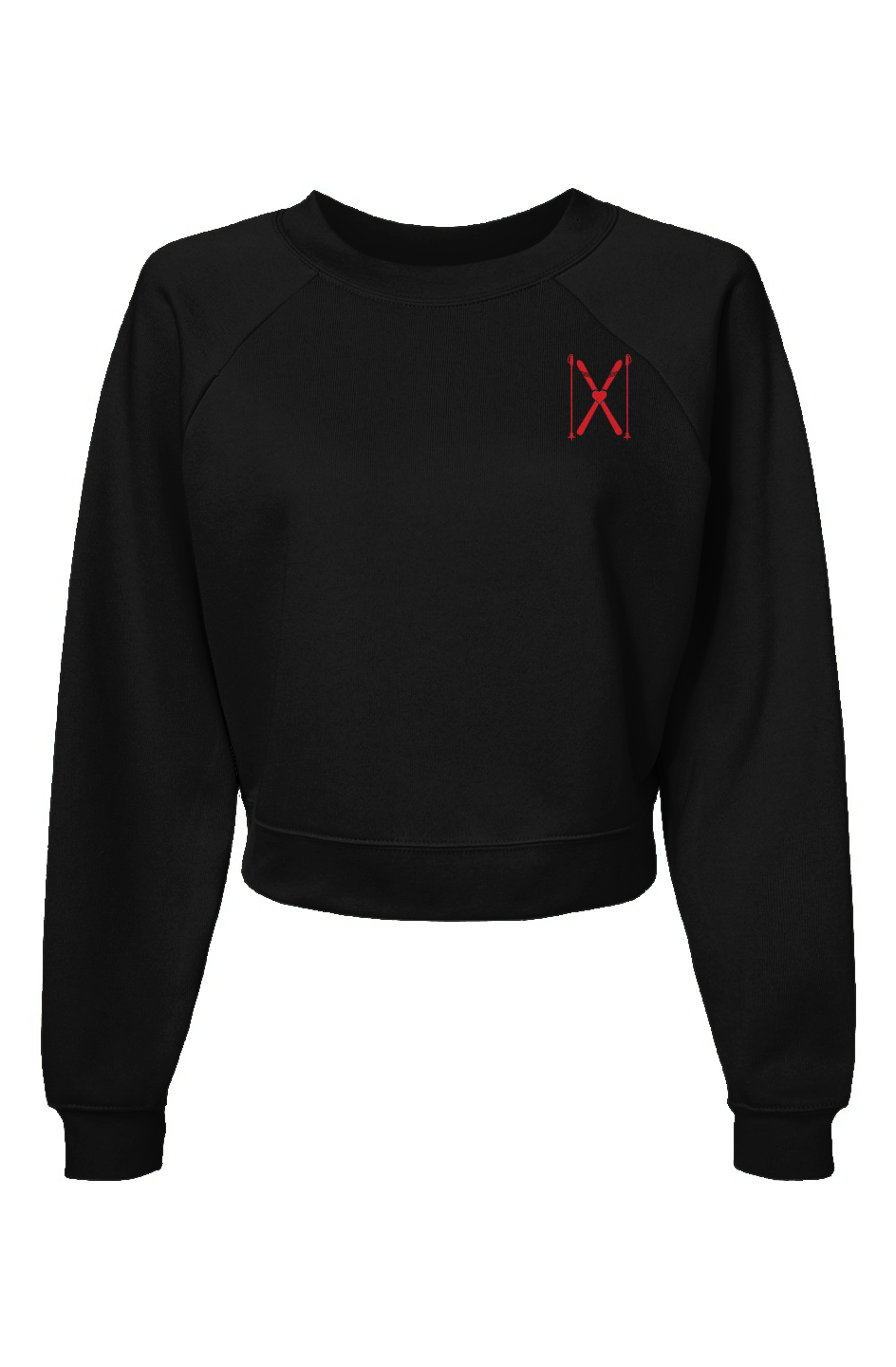 Black sweatshirt with a red logo on a white background