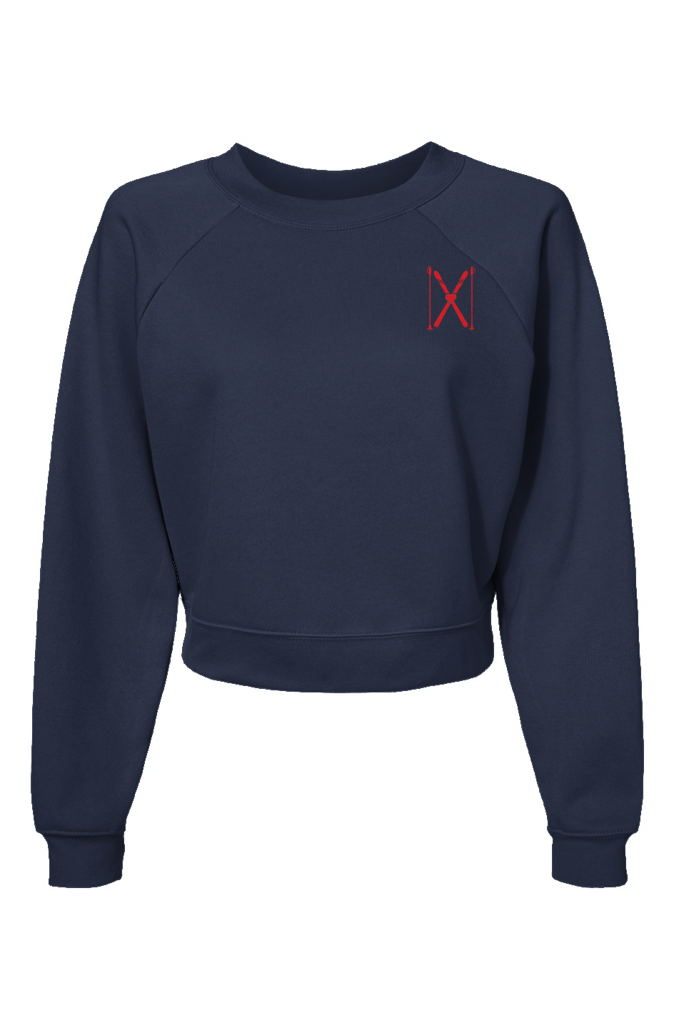 Navy blue sweatshirt with a red logo on a white background