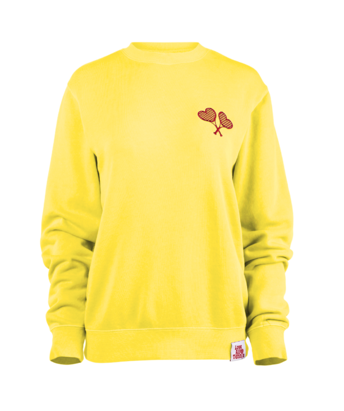 Yellow sweatshirt with a red logo on a white background