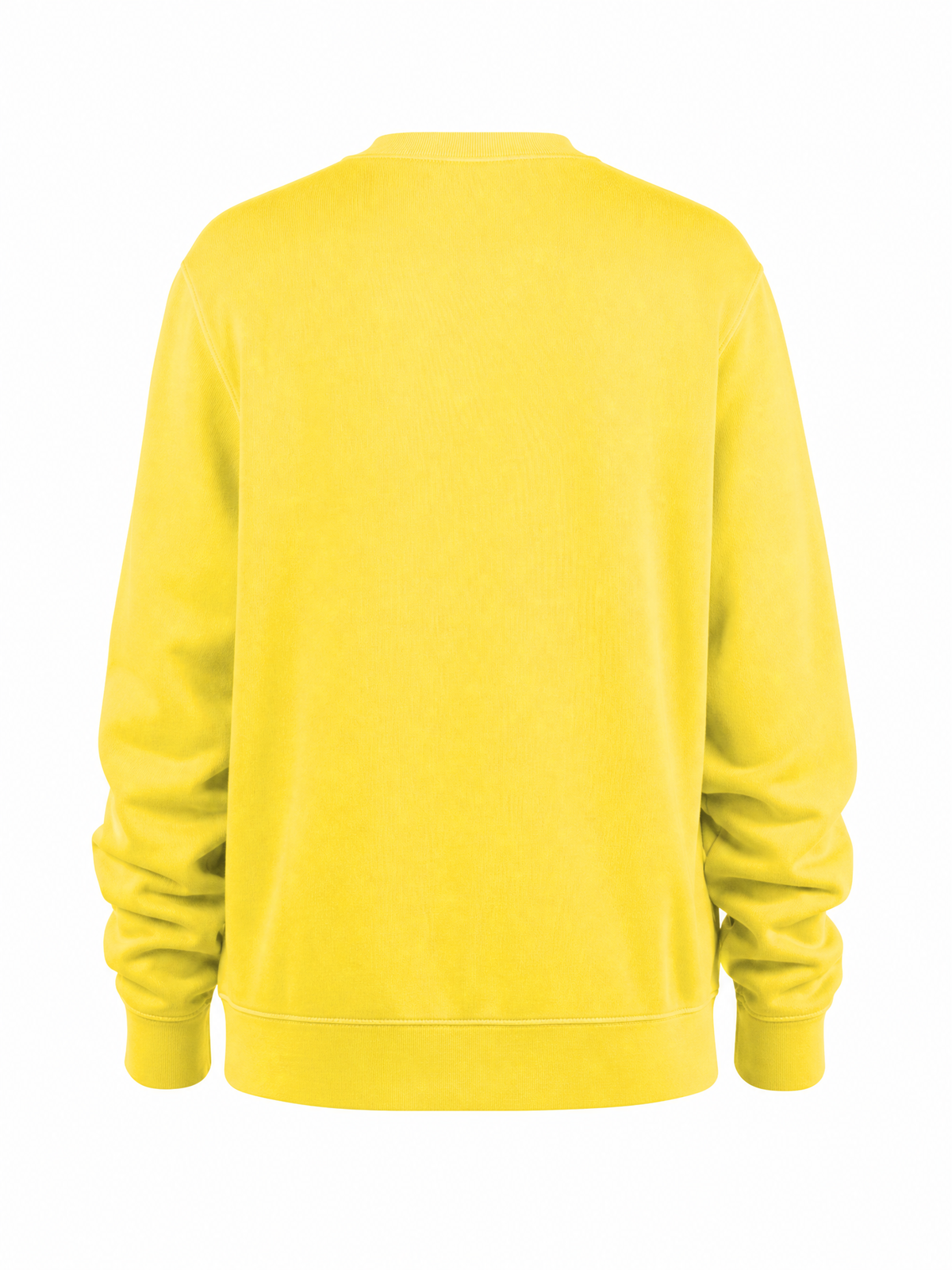 A bright yellow crewneck sweatshirt shown from the back, displayed on a clean white background.