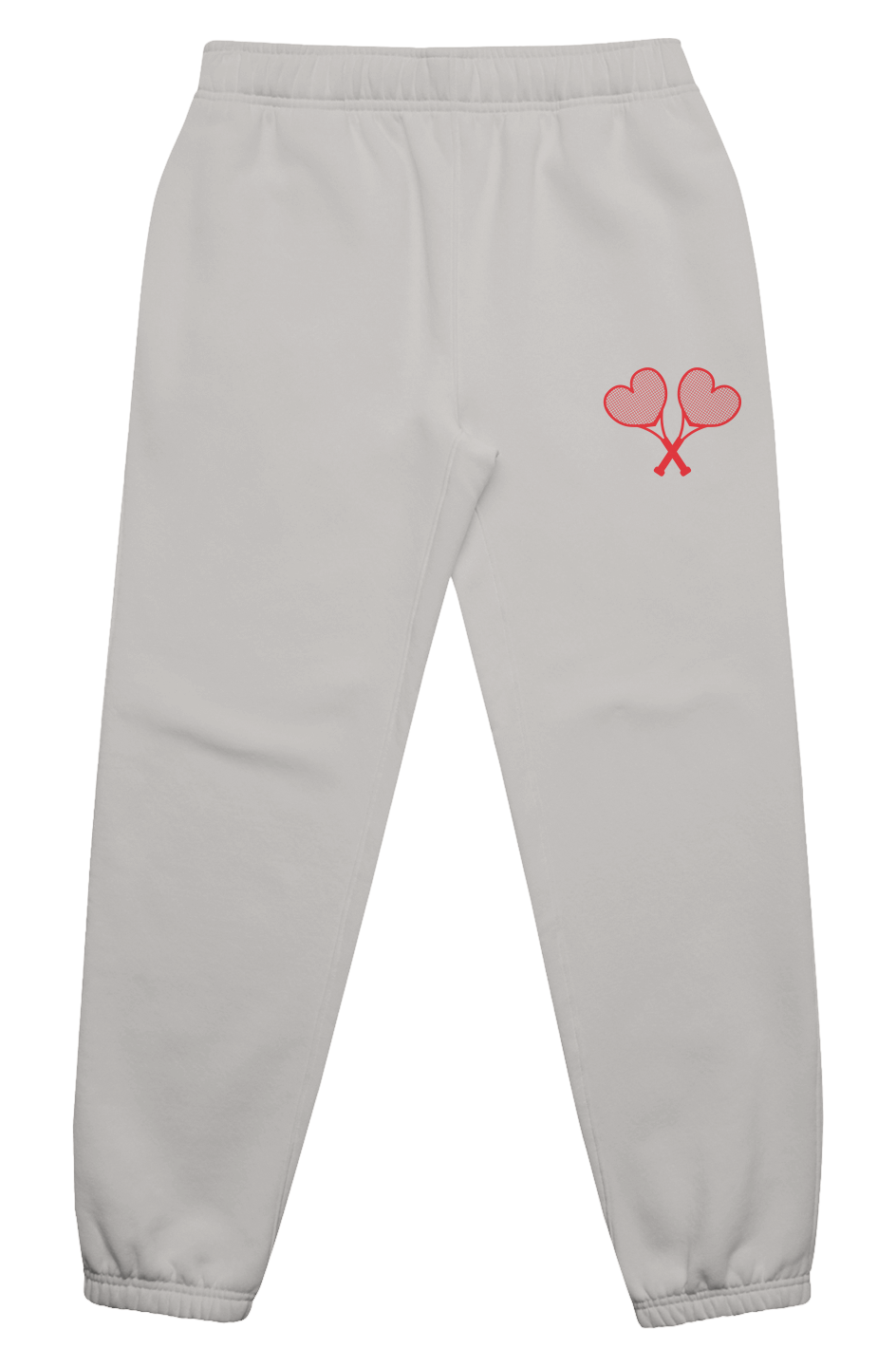 Grey sweatpants with red logo on flat white background