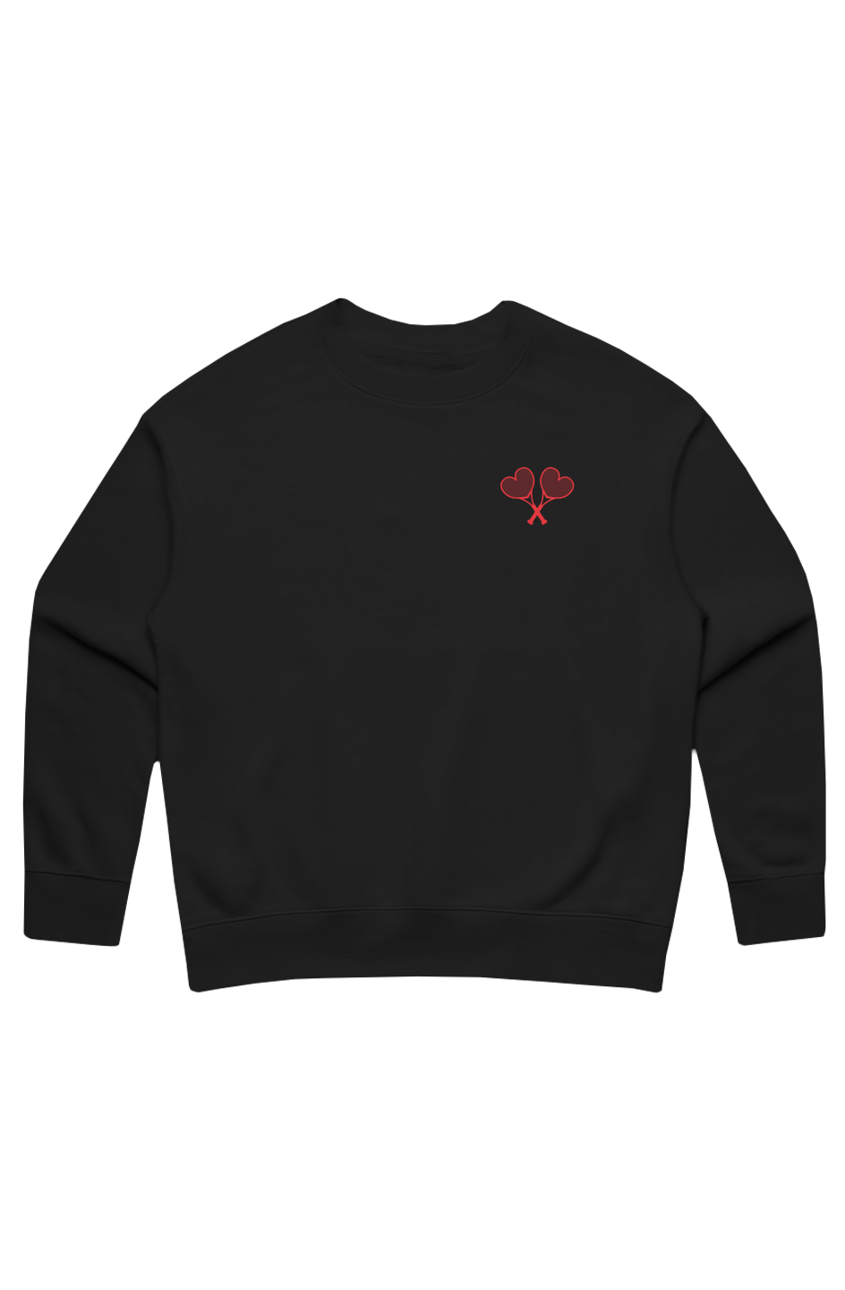 Black sweatshirt with red logo on flat white background