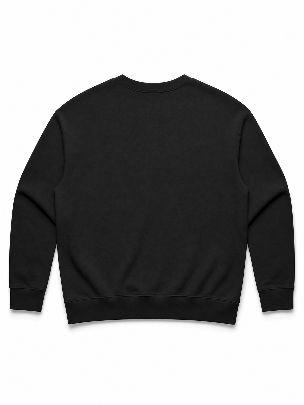 A black long-sleeve crewneck sweatshirt shown from the back, laid flat against a clean white background.