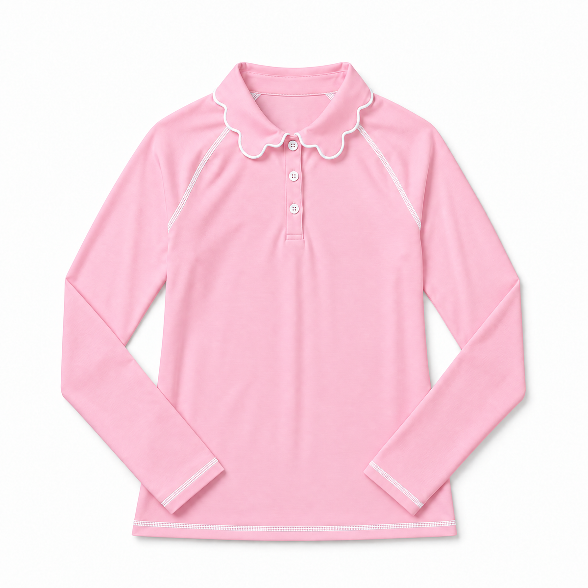 A pink long-sleeve polo shirt with a scalloped white collar and white contrast stitching, laid flat against a white background.