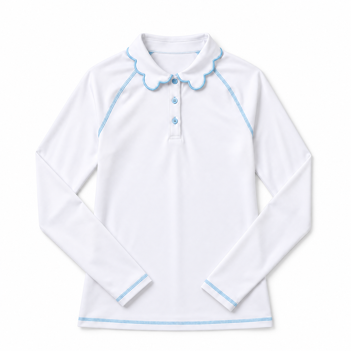 A white long-sleeve polo-style top with a scalloped Peter Pan collar, three light blue buttons, and light blue contrast stitching along the collar, sleeve cuffs, and hem, displayed flat against a white background.
