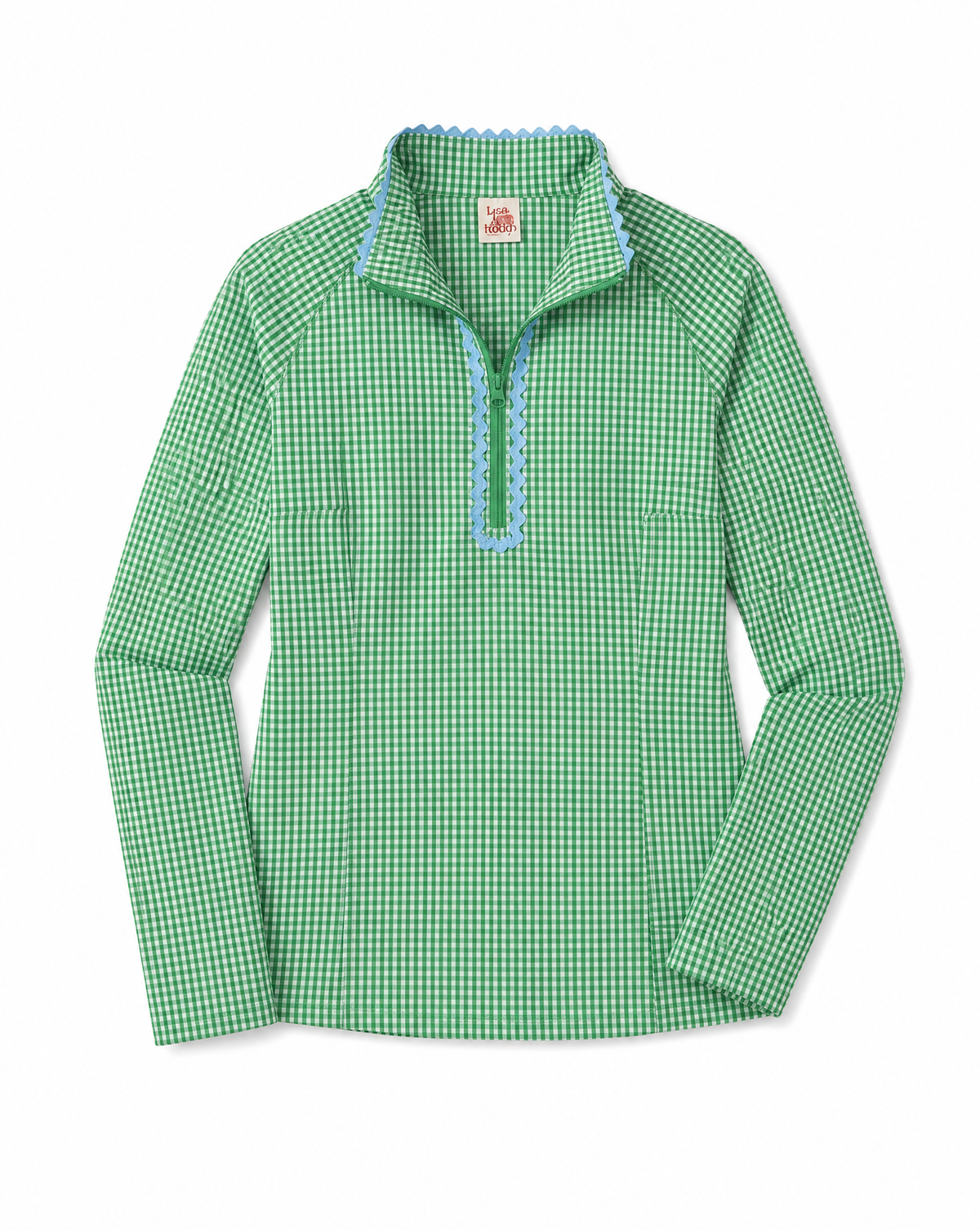 A green and white gingham long-sleeve quarter-zip pullover with a light blue scalloped trim along the collar and zipper placket, shown flat on a white background.