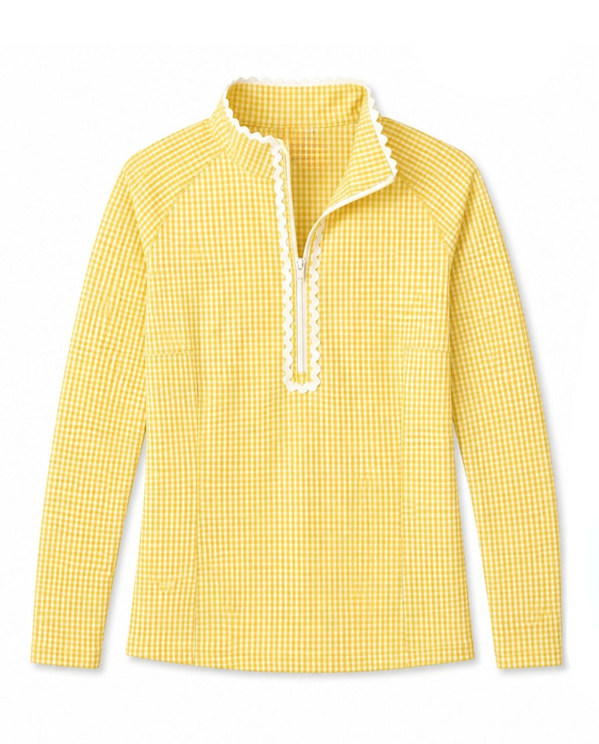 A yellow and white gingham long-sleeve top with a mock neck and white lace trim down the front placket, shown on a plain white background.