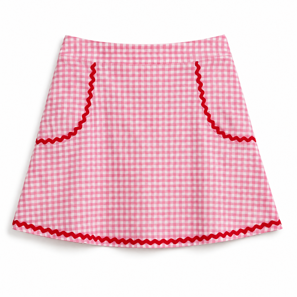 A pink and white gingham mini skirt with red wavy trim along the pockets and hem, displayed flat against a white background.