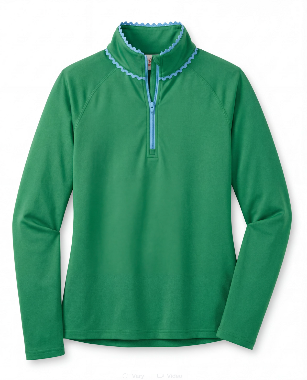 Green long-sleeve shirt with blue zipper and trim on a white background