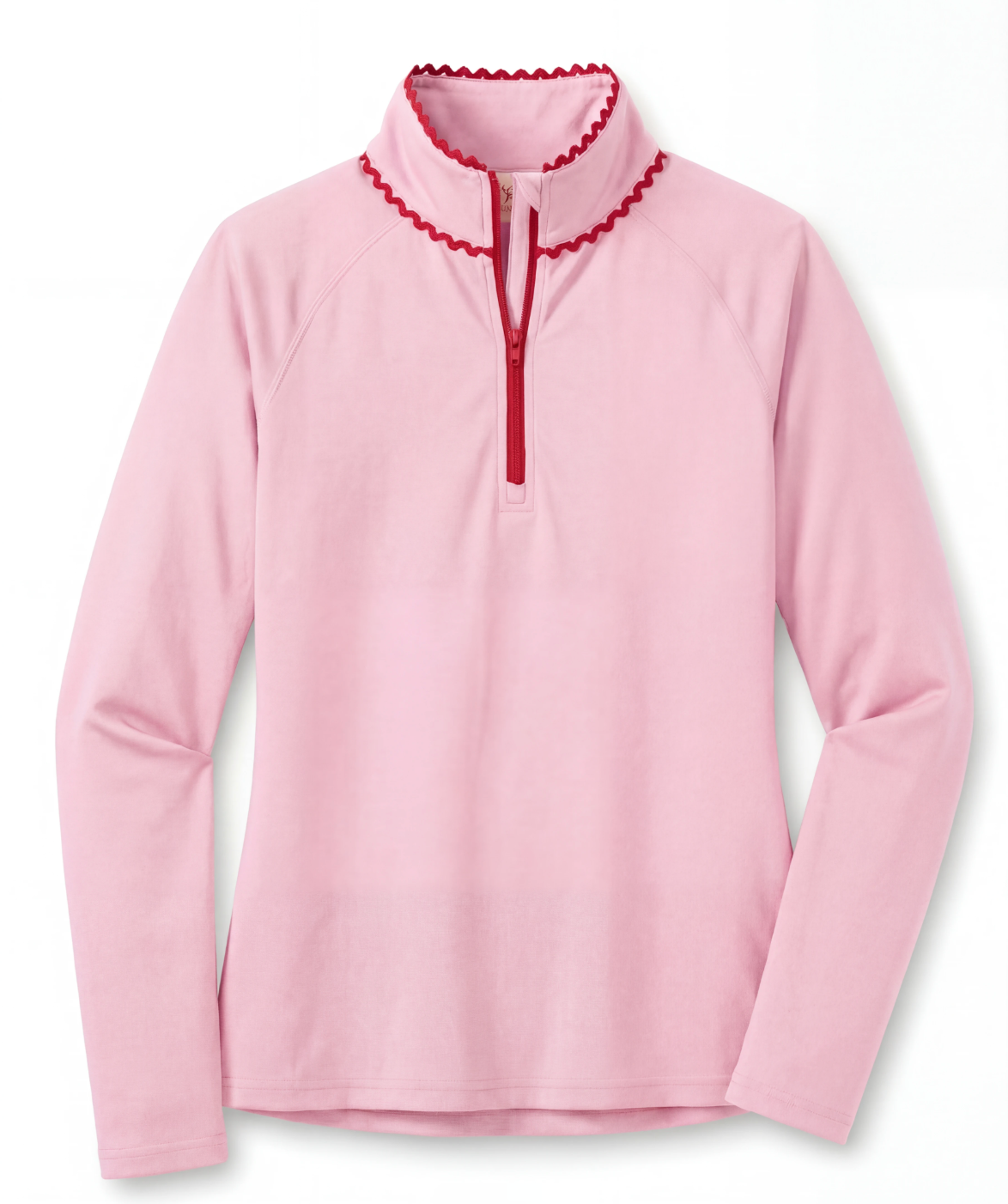 Pink pullover with red trim on a white background