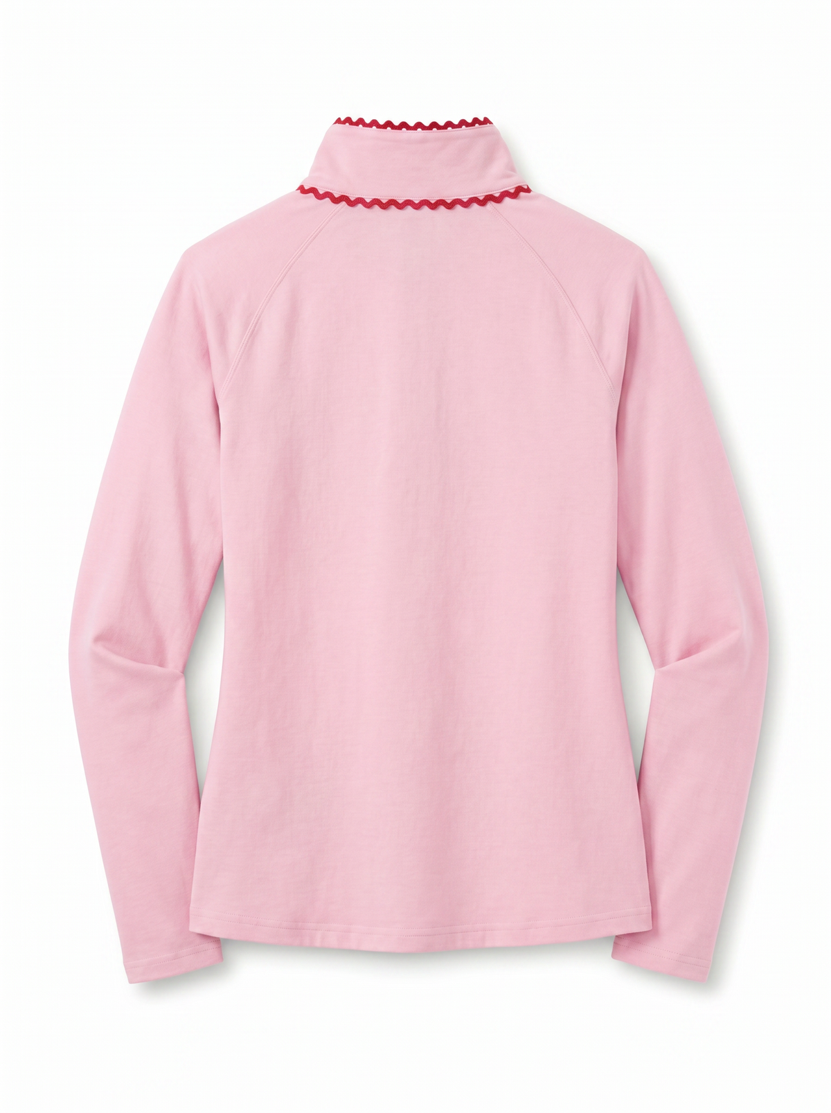 A light pink long-sleeve mock neck top shown from the back, featuring a red scalloped trim detail around the collar, set against a plain white background.