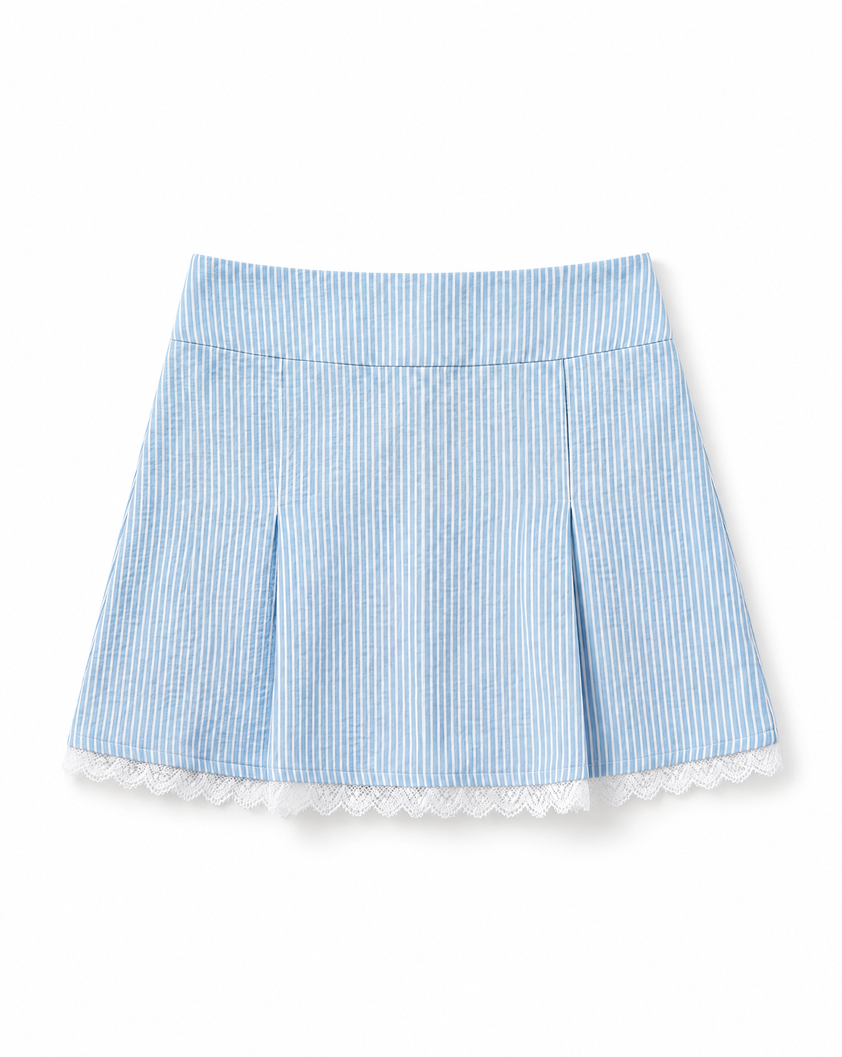 A light blue and white vertically striped pleated skirt with a white lace trim at the hem, shown flat against a white background.