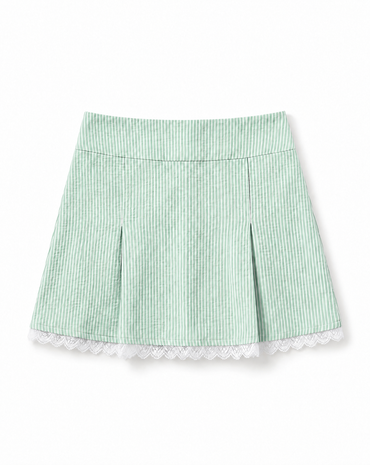 A light green and white vertically striped pleated skirt with a white lace hem, shown flat against a white background.