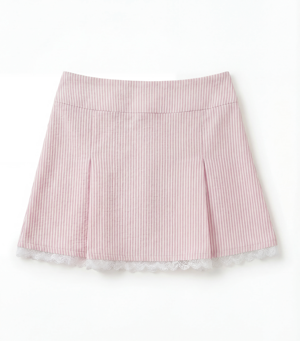 Pink striped skirt with lace trim on a white background