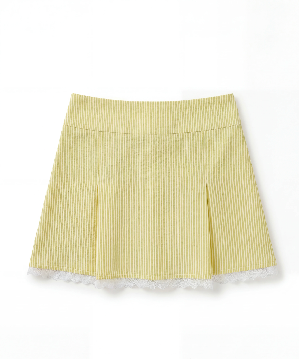 Yellow striped skirt with lace trim on a white background