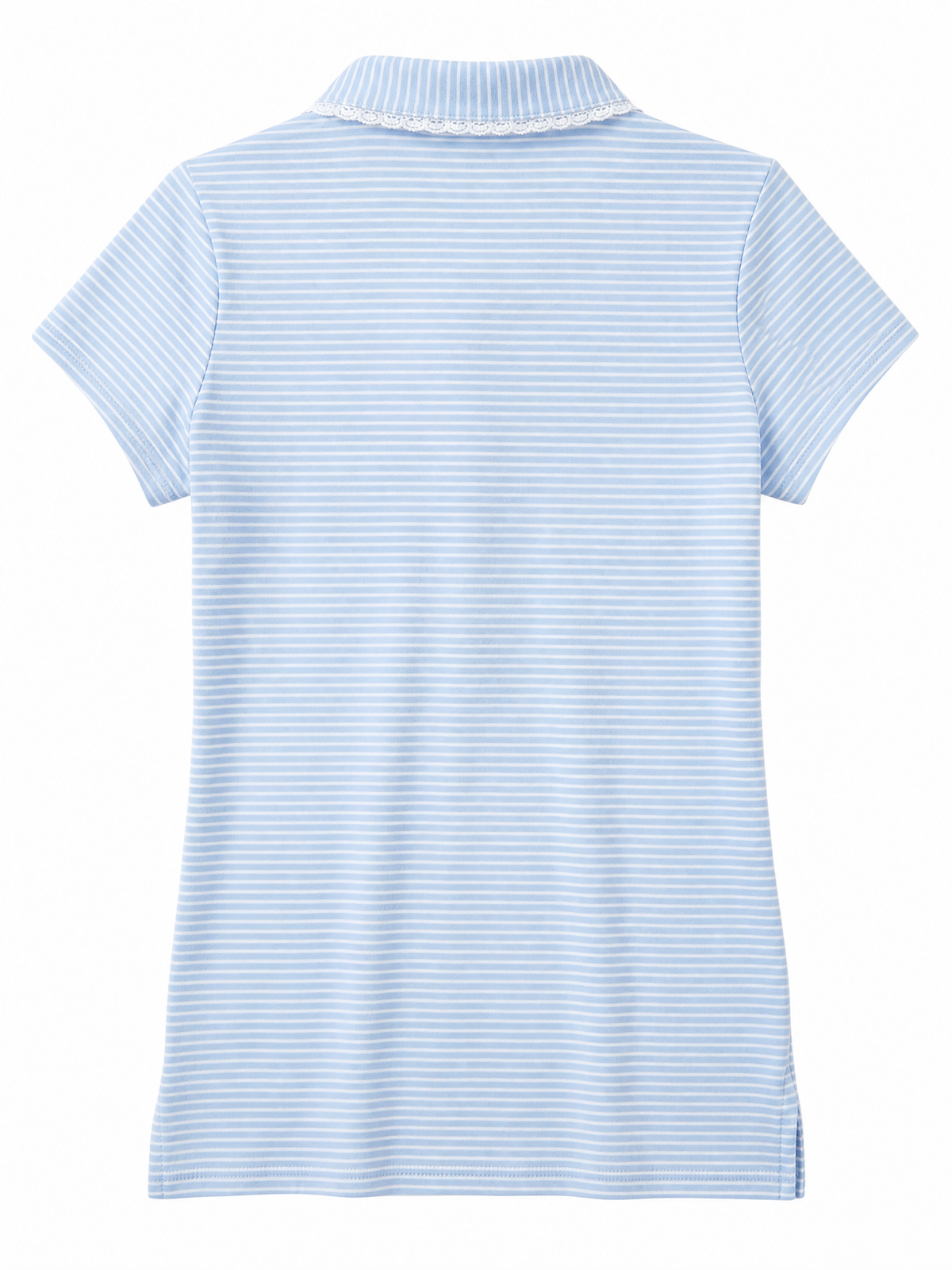 A light blue and white striped short-sleeve polo shirt shown from the back, featuring a classic collar with a subtle white lace trim.