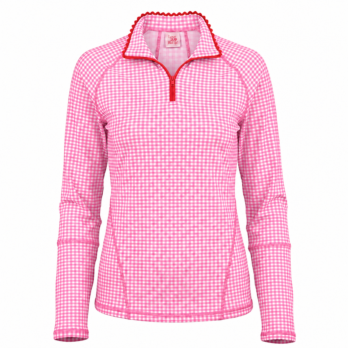 A women's long-sleeve quarter-zip fleece pullover in a pink and white gingham check pattern, featuring red trim along the collar and zipper pull.