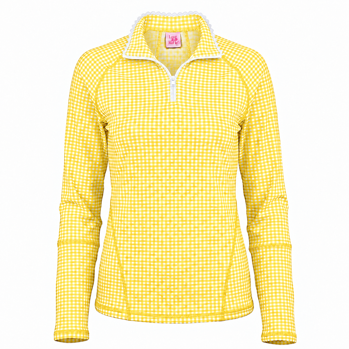 A women's long-sleeve quarter-zip pullover in a yellow and white gingham check pattern, featuring a white lace-trimmed collar and white zipper, shown on a plain white background.