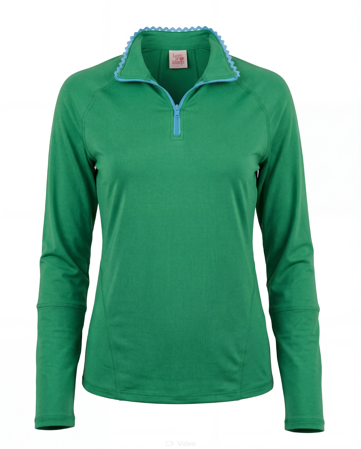 Green long-sleeve shirt with blue collar on a white background