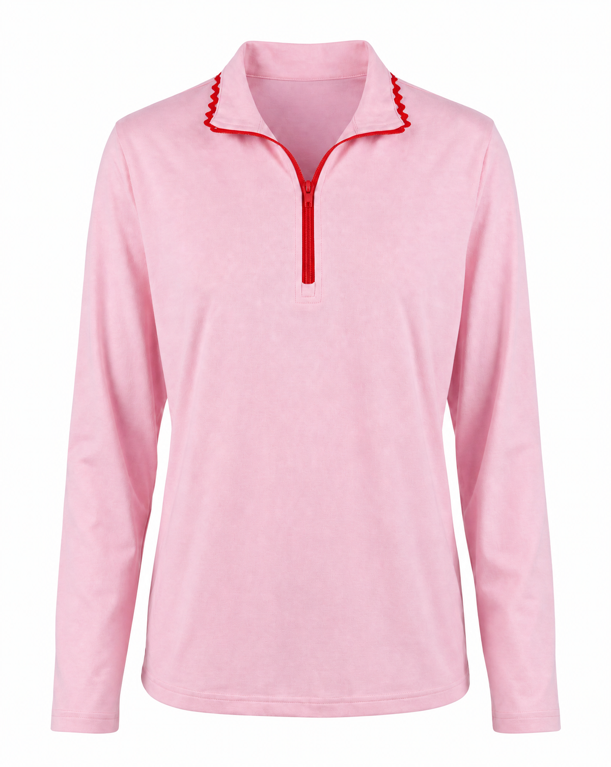 A light pink long-sleeve quarter-zip pullover with a red zipper and red zigzag trim along the collar, shown on a plain white background.