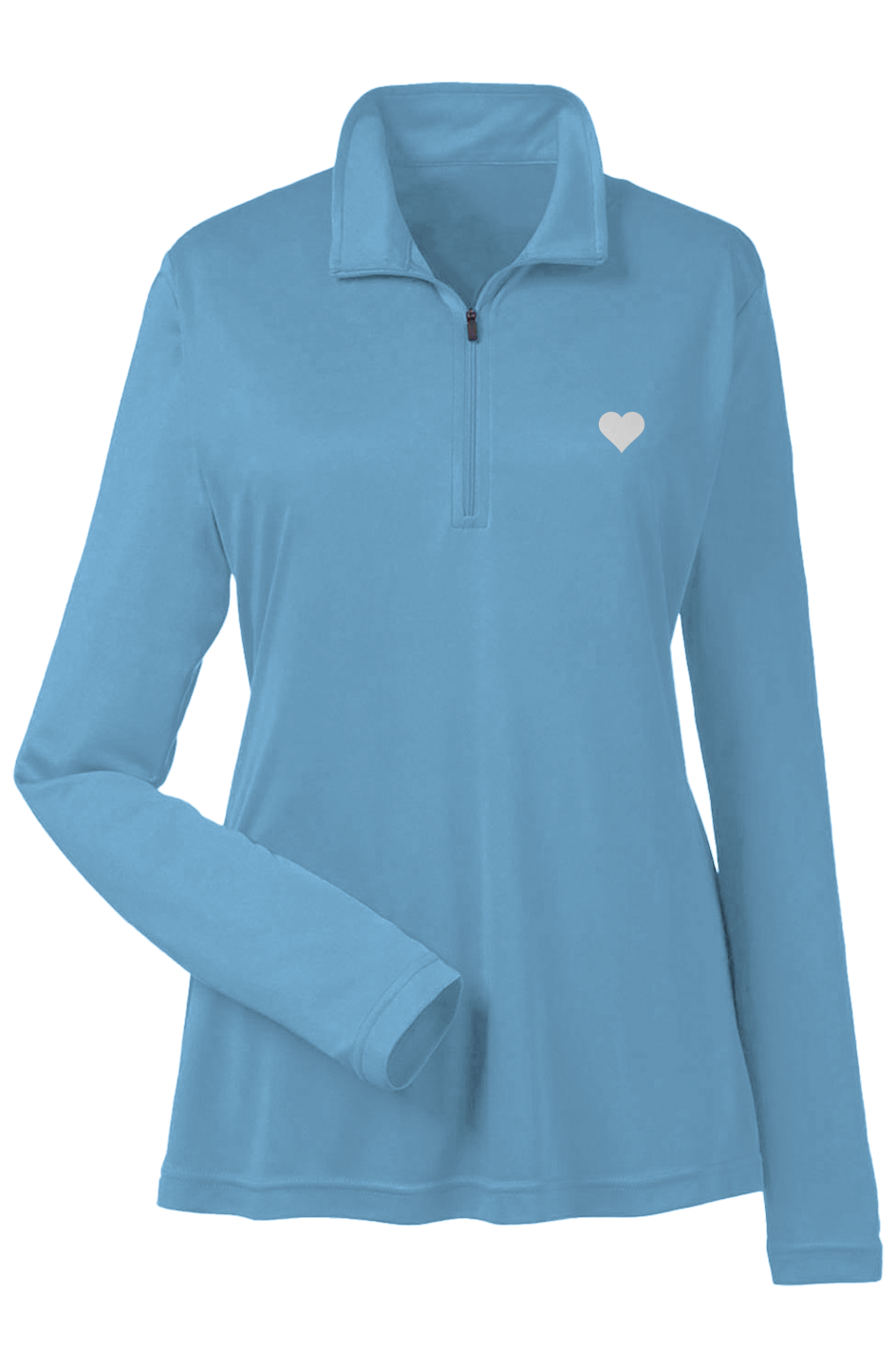 Blue quarter zip with white heart logo on flat white background