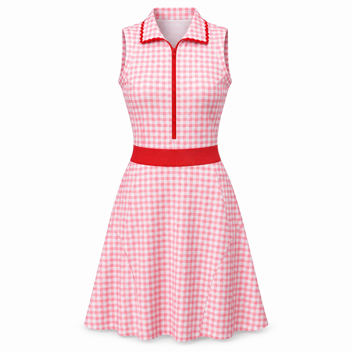 A sleeveless retro-style dress with a pink and white gingham pattern, a red collar with red trim, a red center placket, and a solid red waistband, shown on a plain white background.