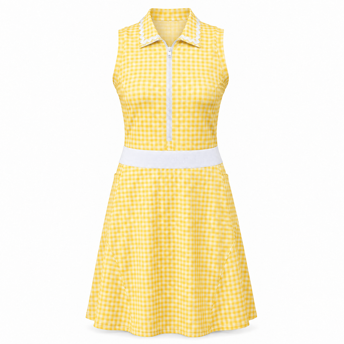 A sleeveless yellow and white gingham dress with a white collar, white front zipper, and a white waistband, shown against a plain white background.