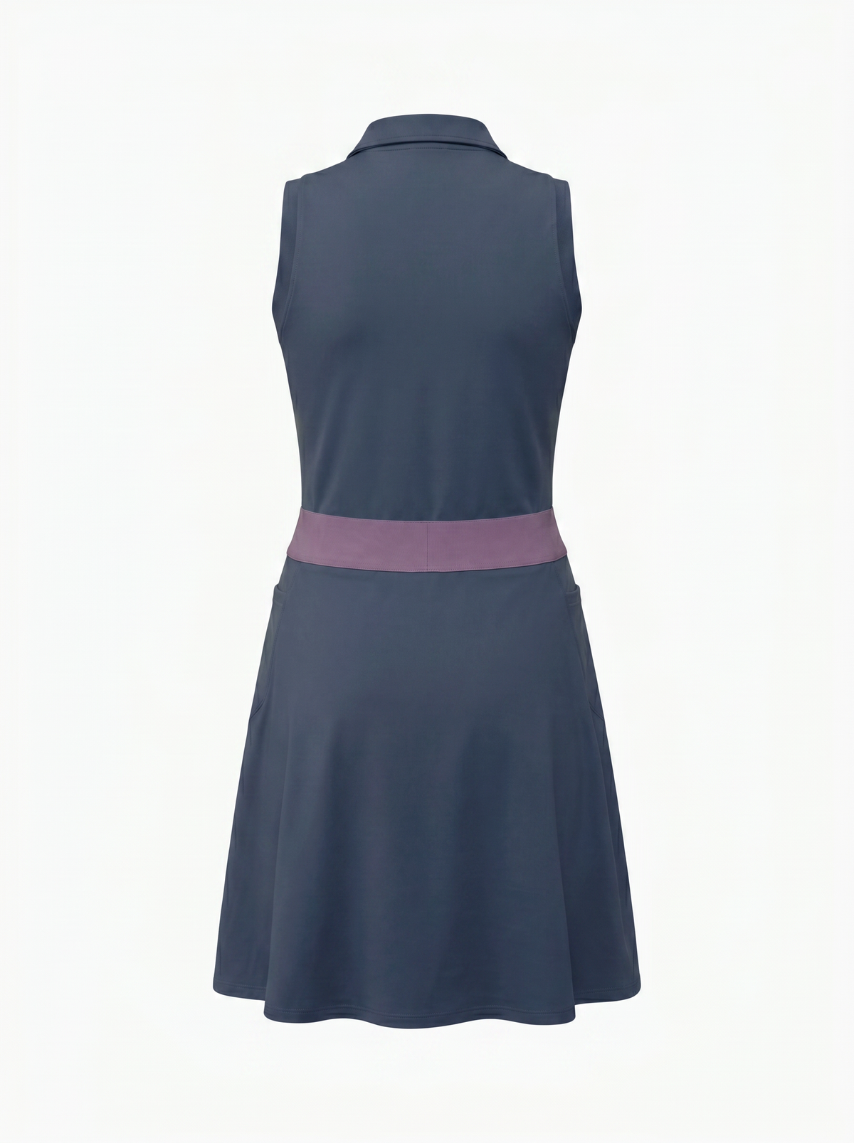 A sleeveless collared dress shown from the back, featuring a slate blue body with a contrasting dusty purple waistband, set against a plain white background.