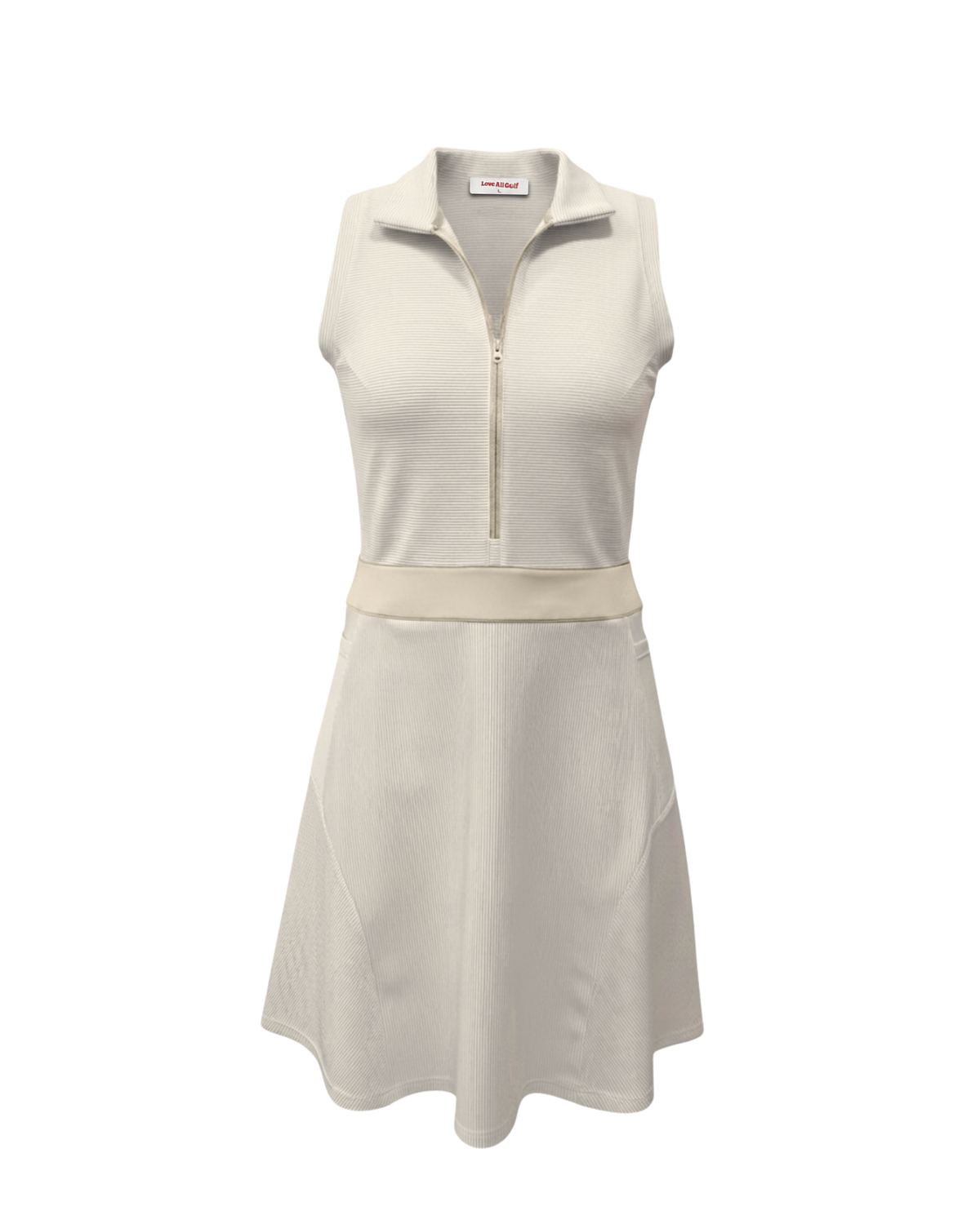 White sleeveless dress with a belt on a white background