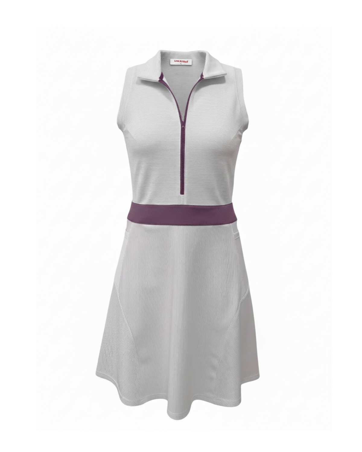 Gray dress with purple accents on a white background