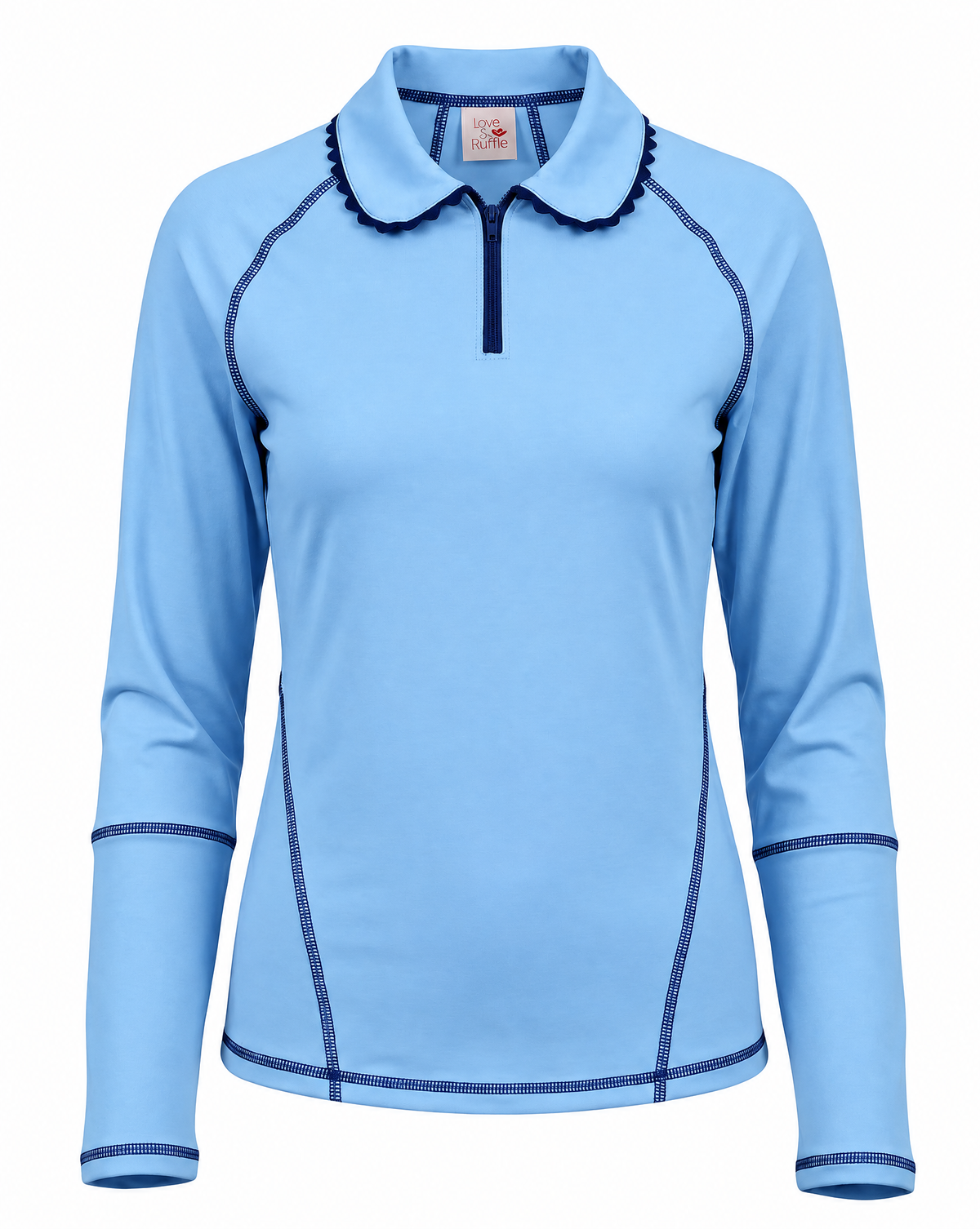 A light blue long-sleeve performance top with a half-zip collar, featuring dark navy contrast stitching and trim along the collar, shoulders, and cuffs, shown on a plain white background.