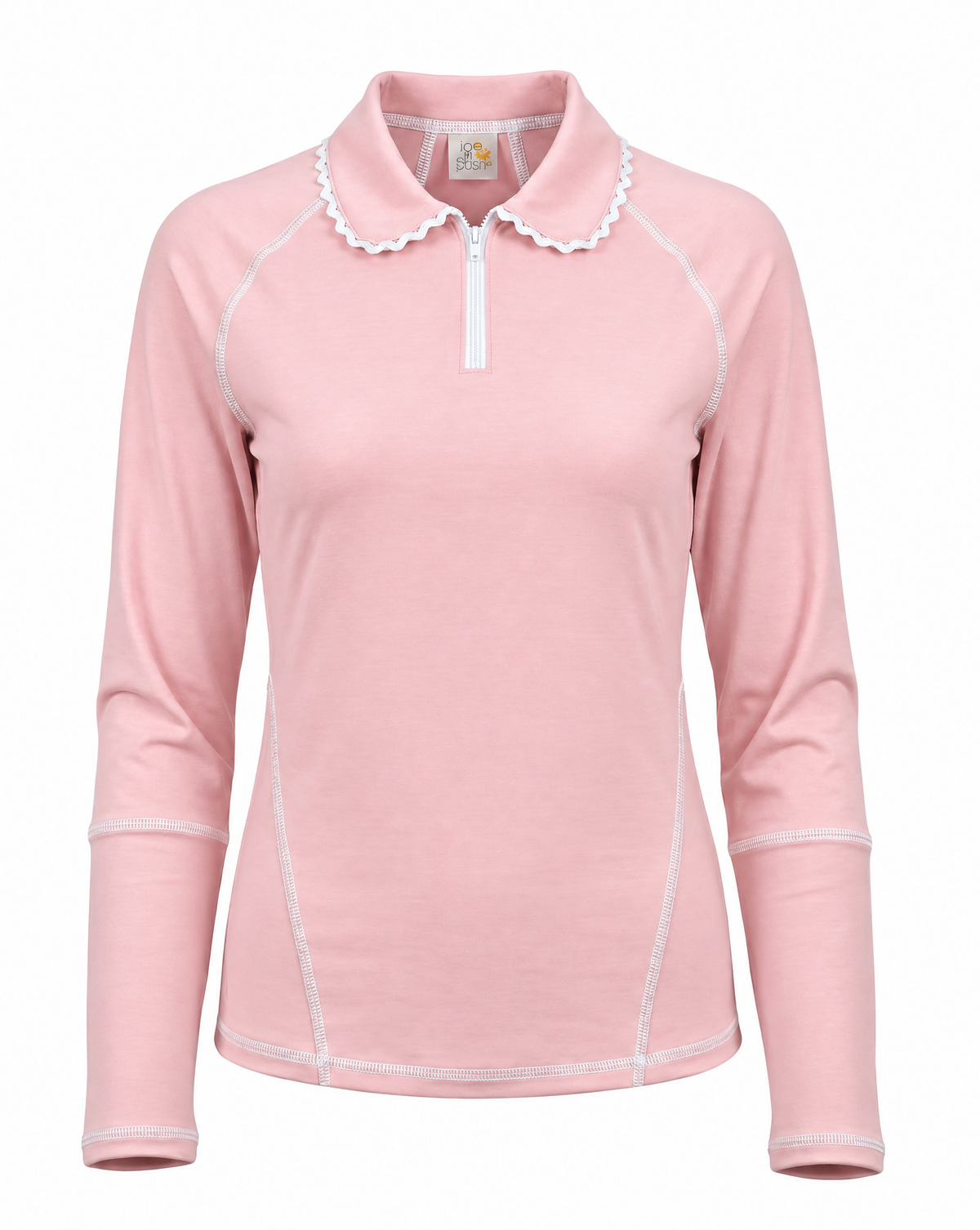 A light pink long-sleeve quarter-zip pullover top with a white scalloped collar and white contrast stitching, shown on a plain white background.