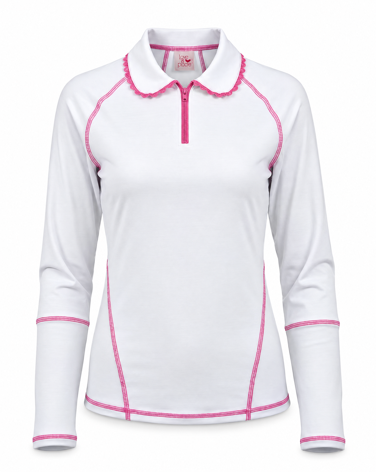A white long-sleeve collared athletic top with pink contrast stitching and trim, featuring a short front zipper and raglan sleeves, shown on a plain white background.