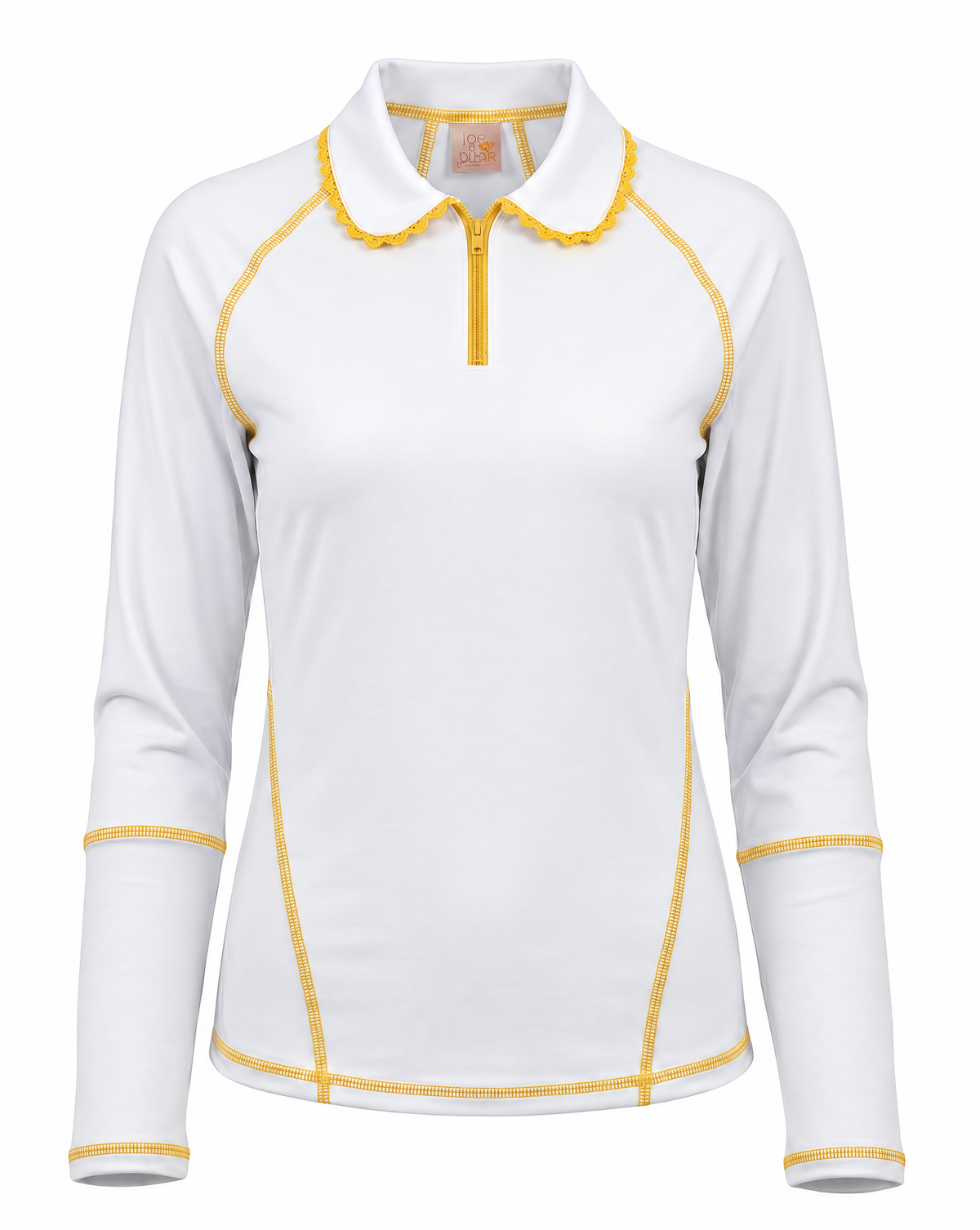 A white long-sleeve performance polo shirt with yellow contrast stitching and a yellow zipper, shown on a clean white background.