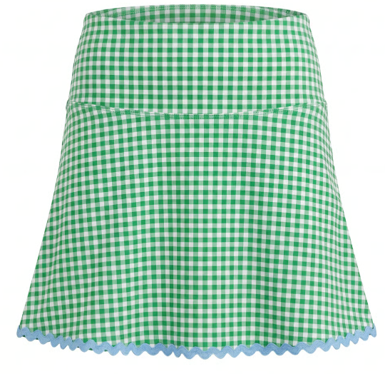 Green and white gingham skirt with light blue trim on flat white background