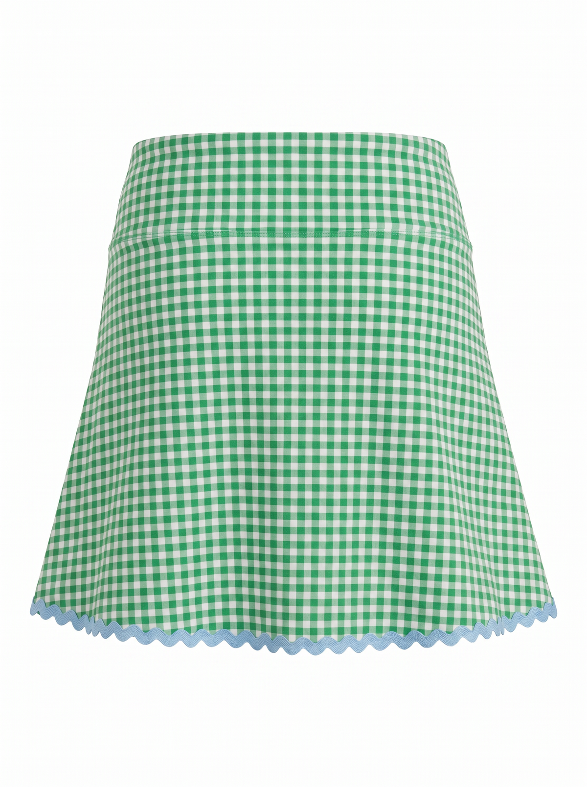 Green and white gingham check flared skirt with a light blue scalloped hem, shown against a plain white background.