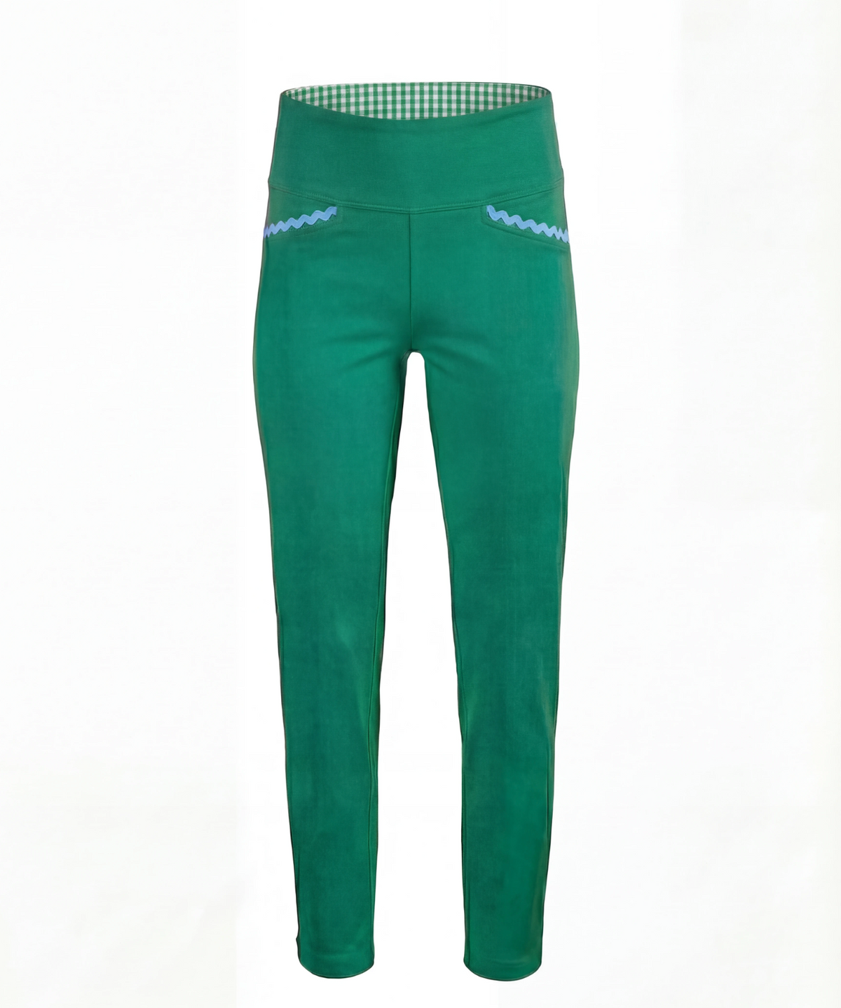 Green leggings with light blue detail on a white background