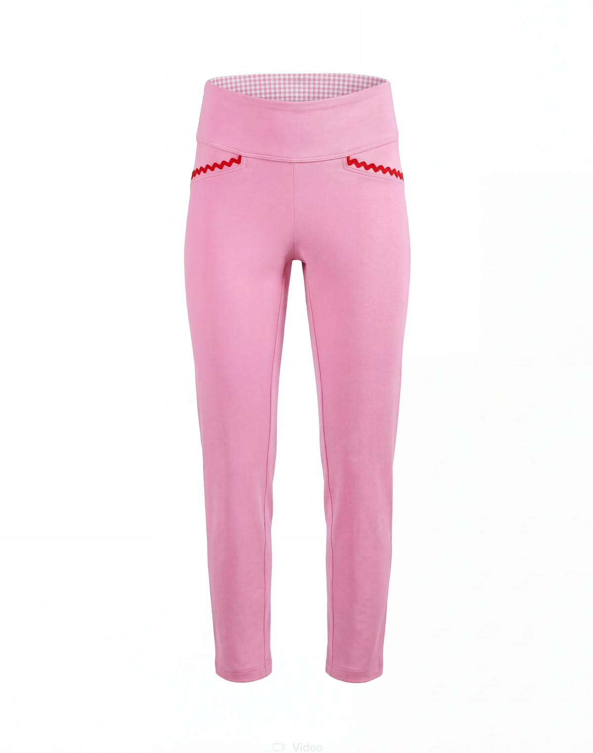 Pink pants with red accents on a white background