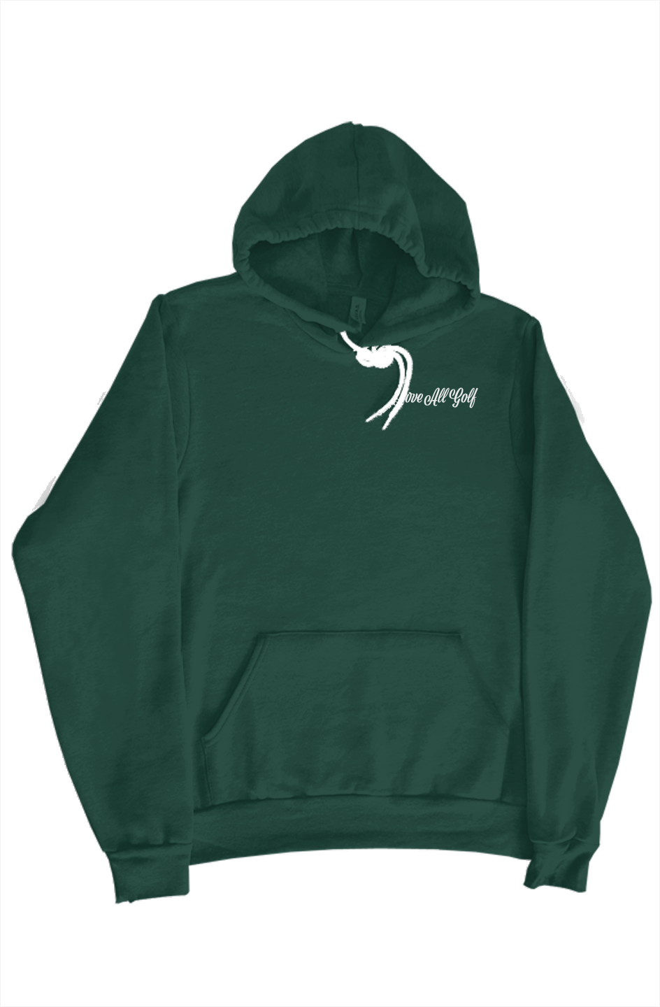Green hoodie with white designs on a white background