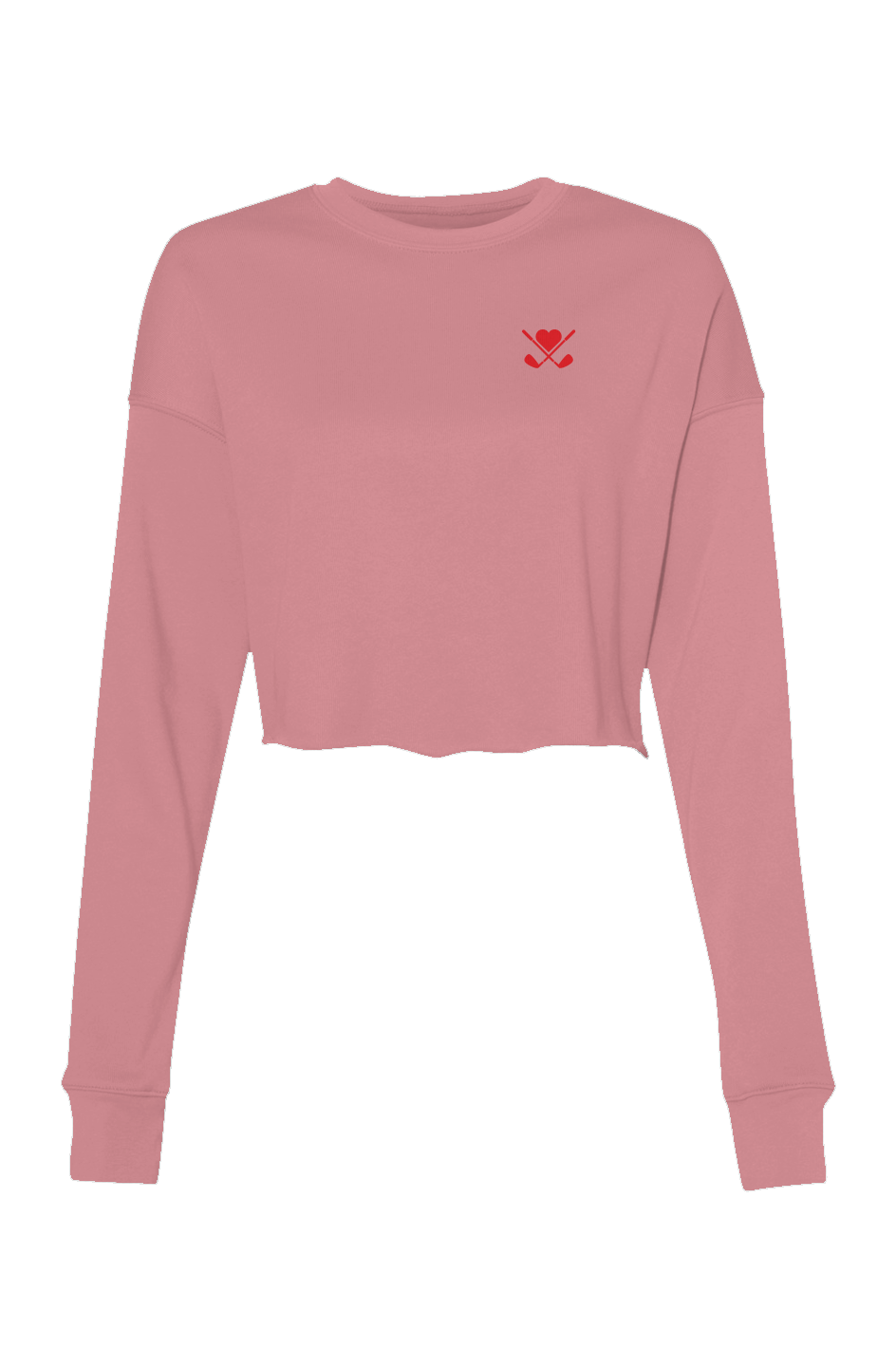 Pink long-sleeve crop top with a small graphic on a white background