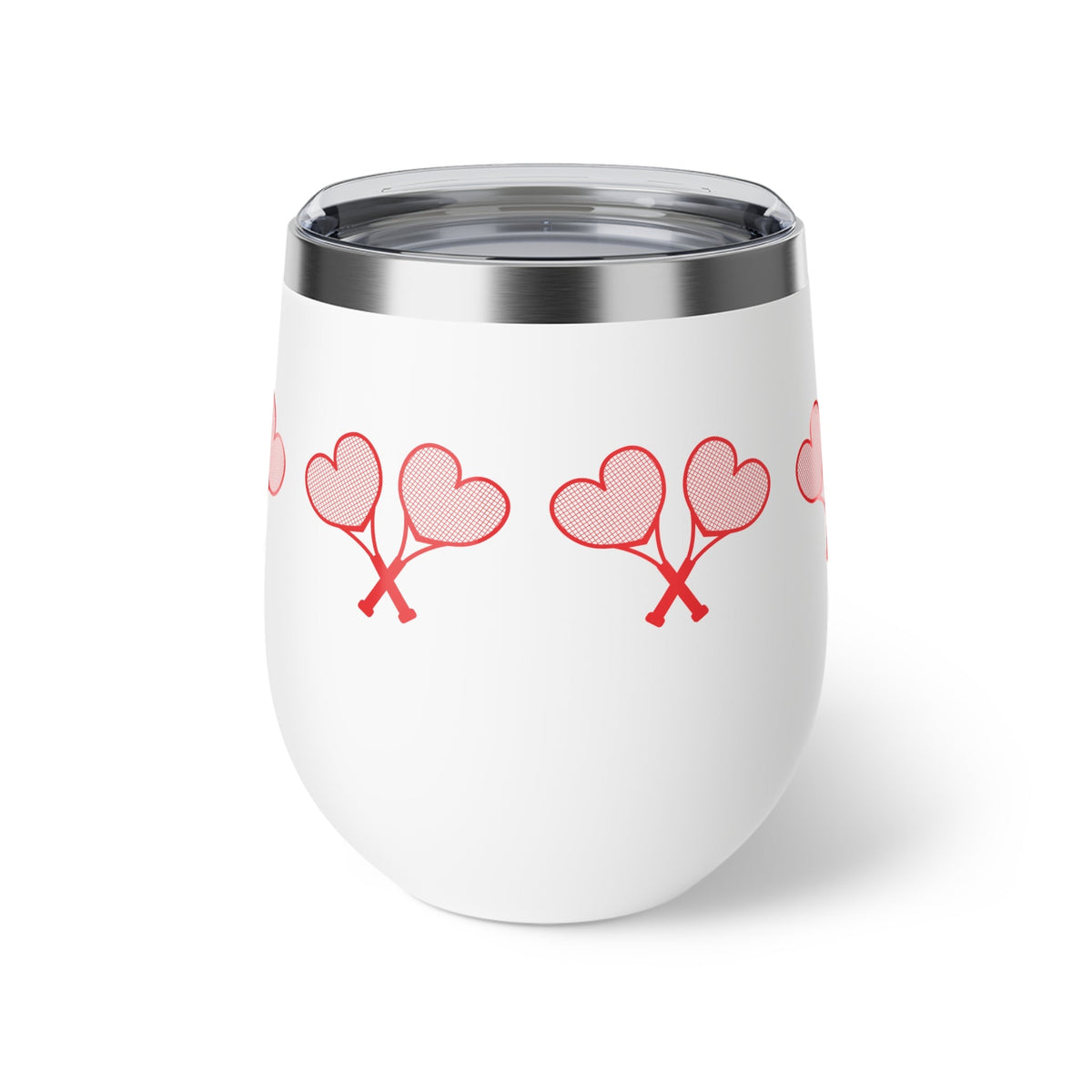 White travel cup with red crossed heart tennis rackets logo on the site shown on a flat white background