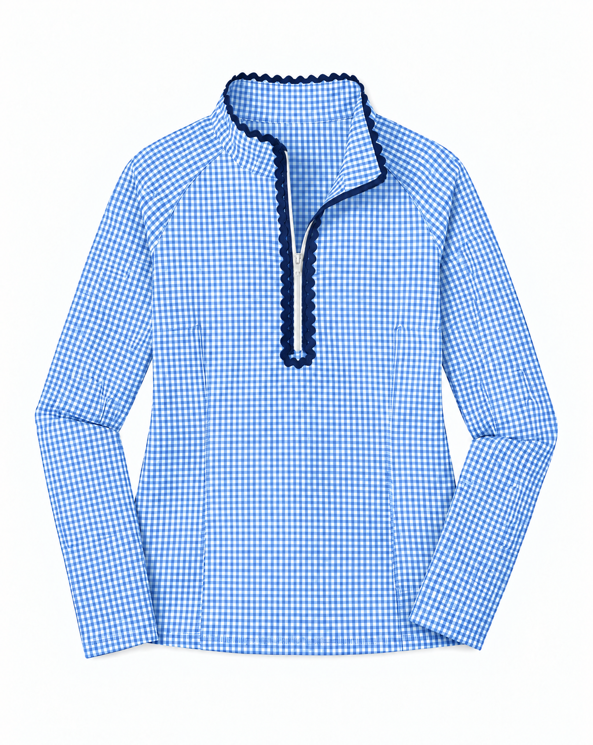 Blue and white gingham long sleeve top with navy ruffle trip on flat white background